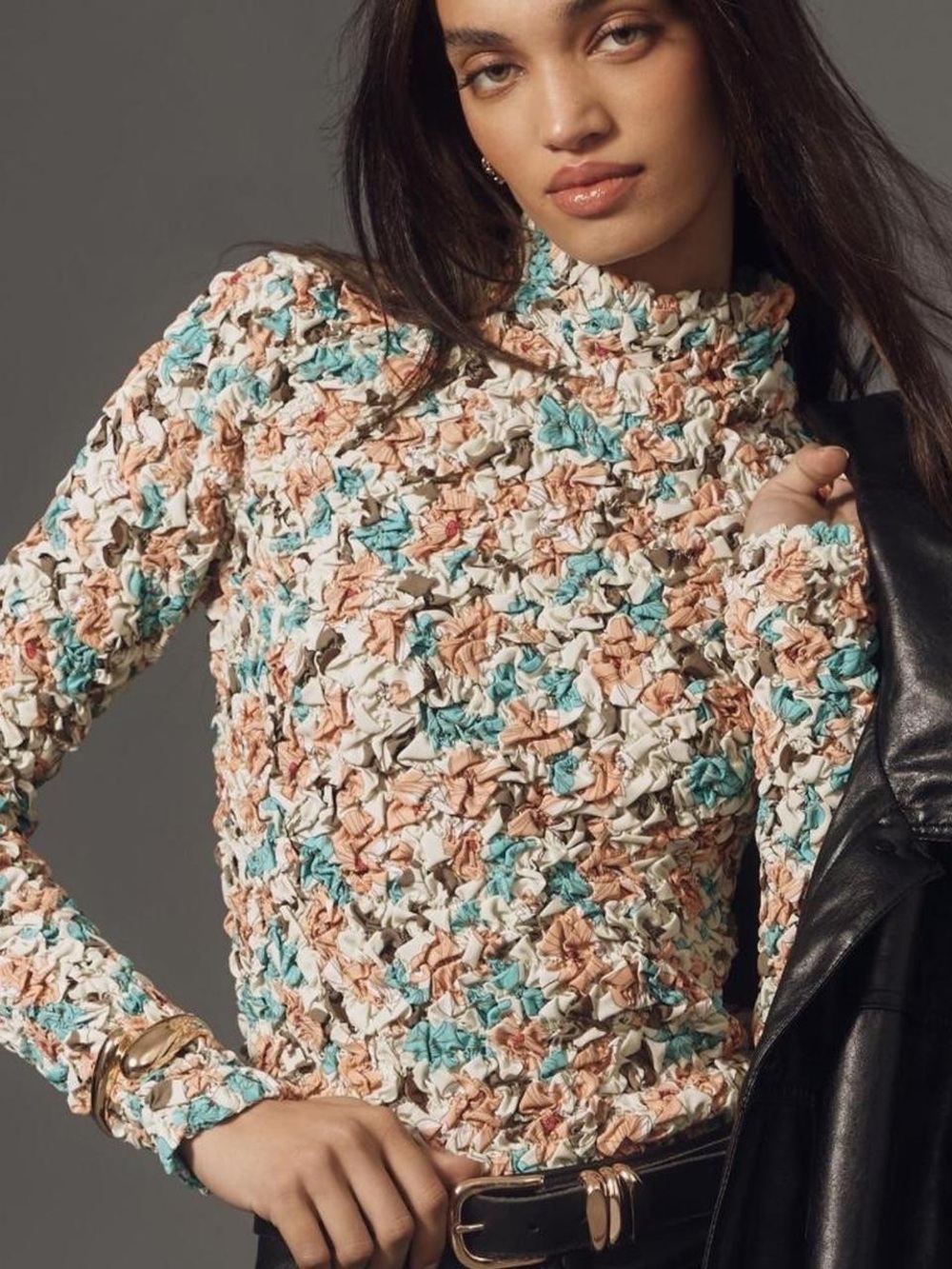 dolan Cream, Tan & Aqua Ruffled Mock Neck Sweater